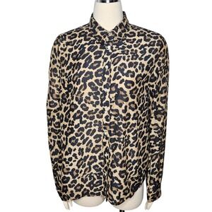 JCP Blend Women's Leopard Print Button Down Long Sleeve Shirt Size L Cotton Silk